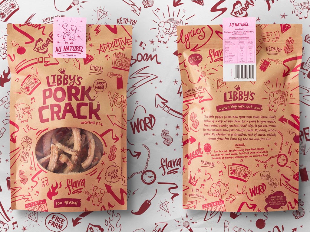 美國Libby's Pork Crack休閑食品包裝袋設計之正面和背面展示