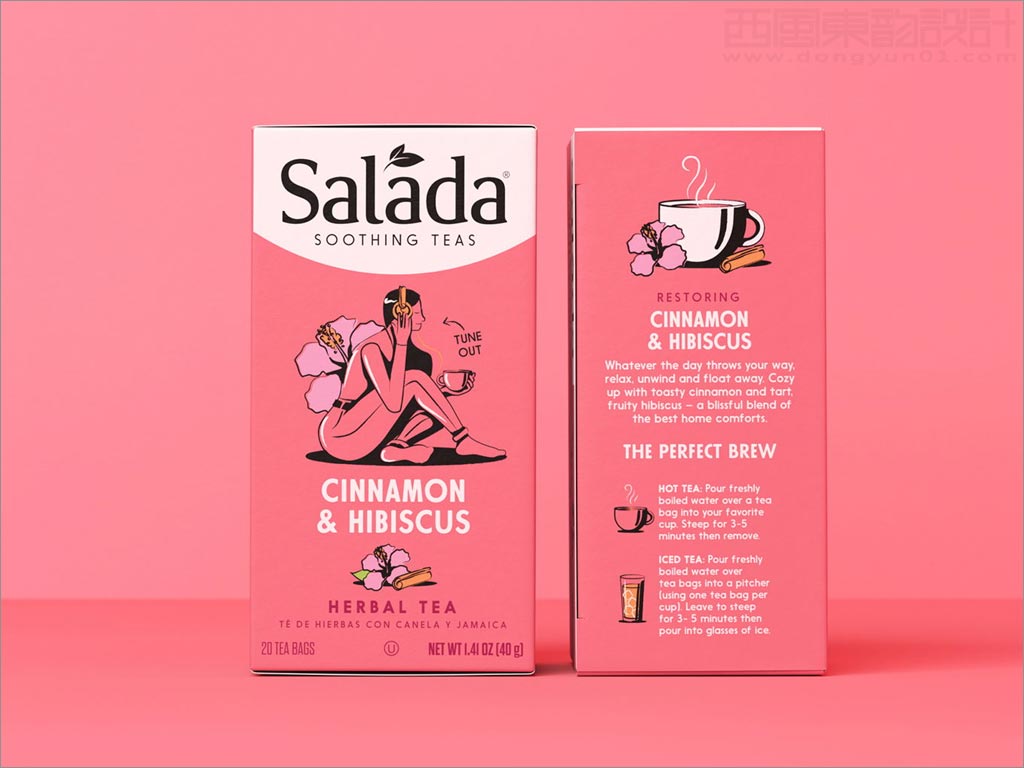 美國Salada桂皮木槿舒緩涼茶包裝設計之正面與背面